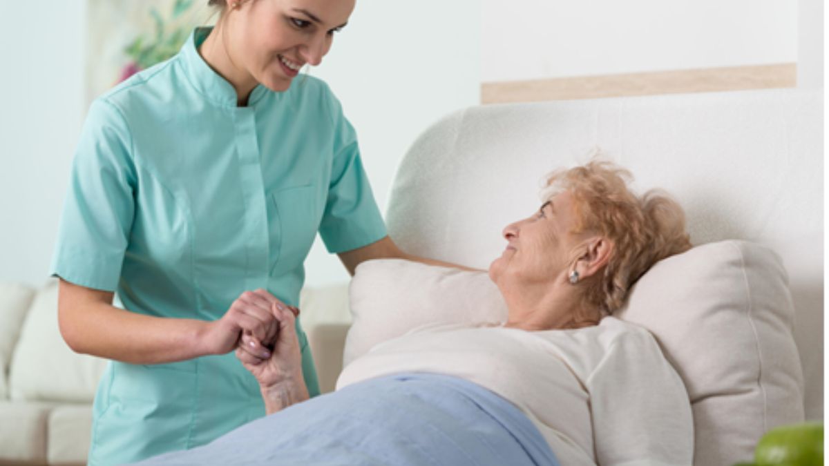 a woman holding hands with an old woman